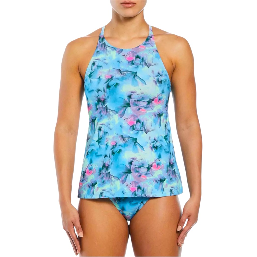 Nike Women's Medium Aqua Floral Lace Up High Neck Tankini & Matching Bottoms